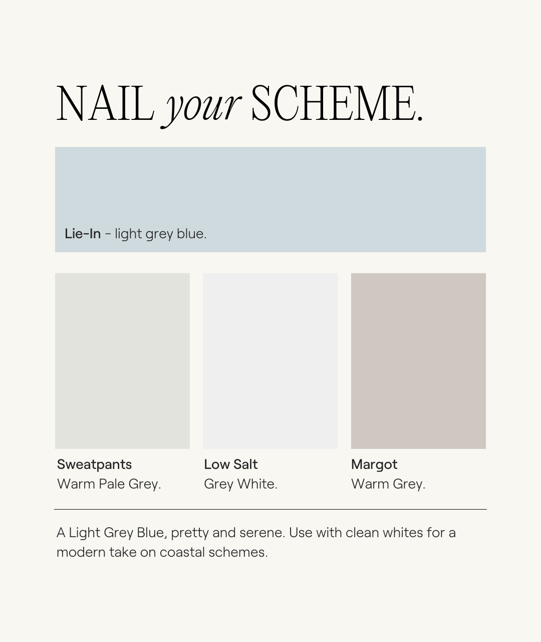 Colour scheme card showing Lie-in, a light grey-blue paint by COAT Paints, with complementary shades