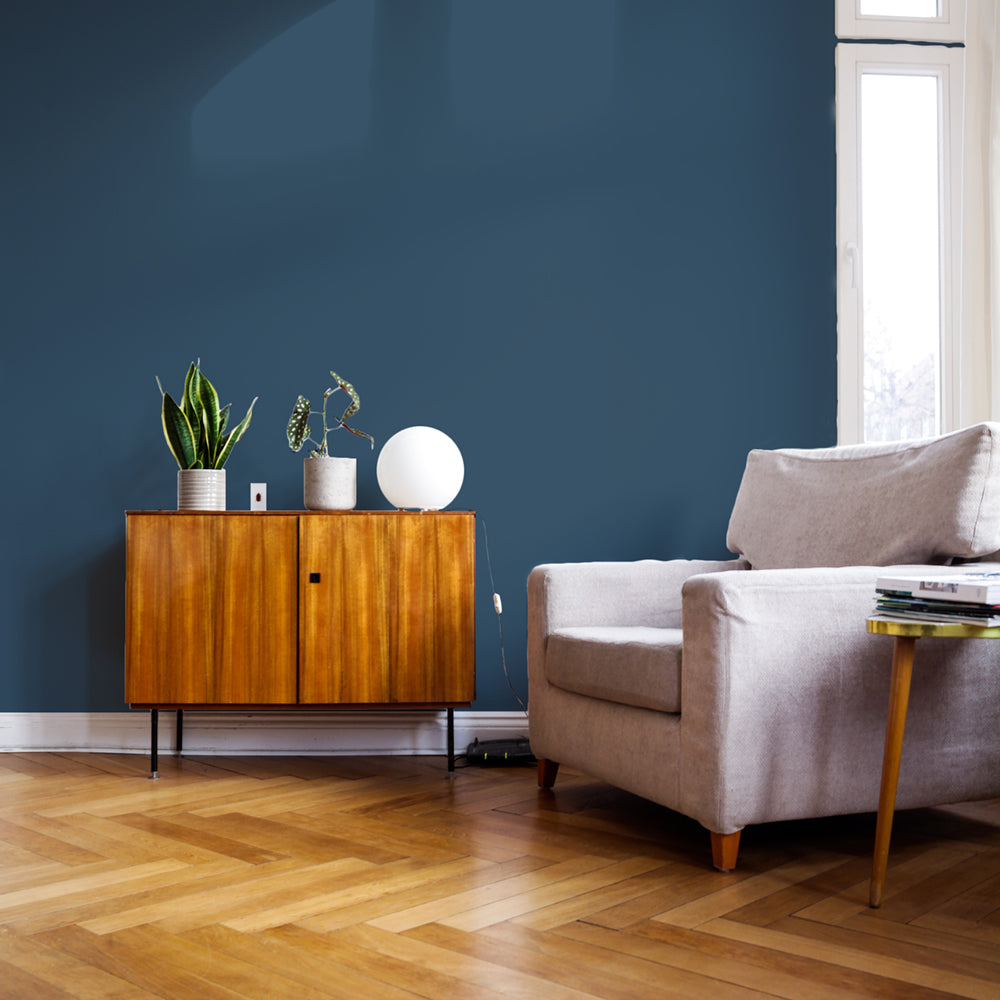Dark Grey Blue paint called The Establishment by COAT Paints the eco friendly paint company